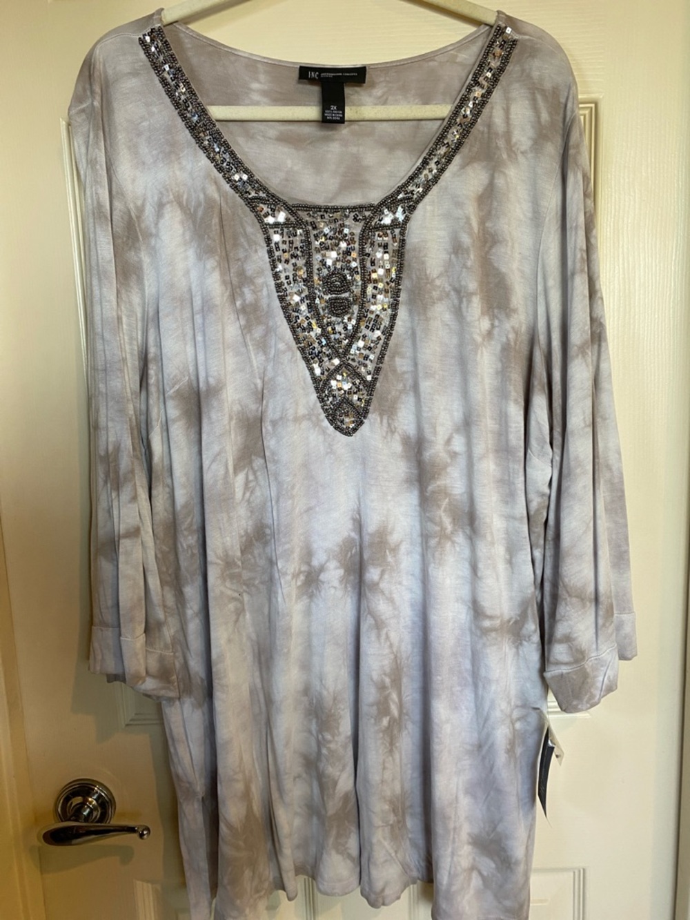 INC International Concepts Beaded Taupe Tie-Dye Tunic